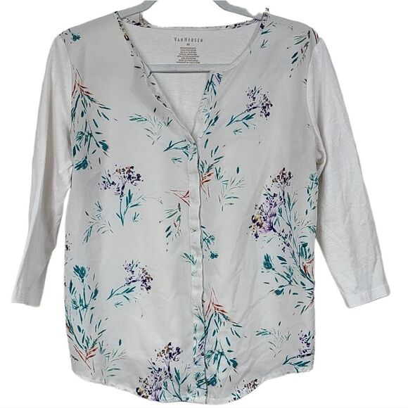 Van Heusen Women's Floral Chiffon Mixed Media Knit Top 3/4 Sleeve Henley Blouse - Picture 1 of 7